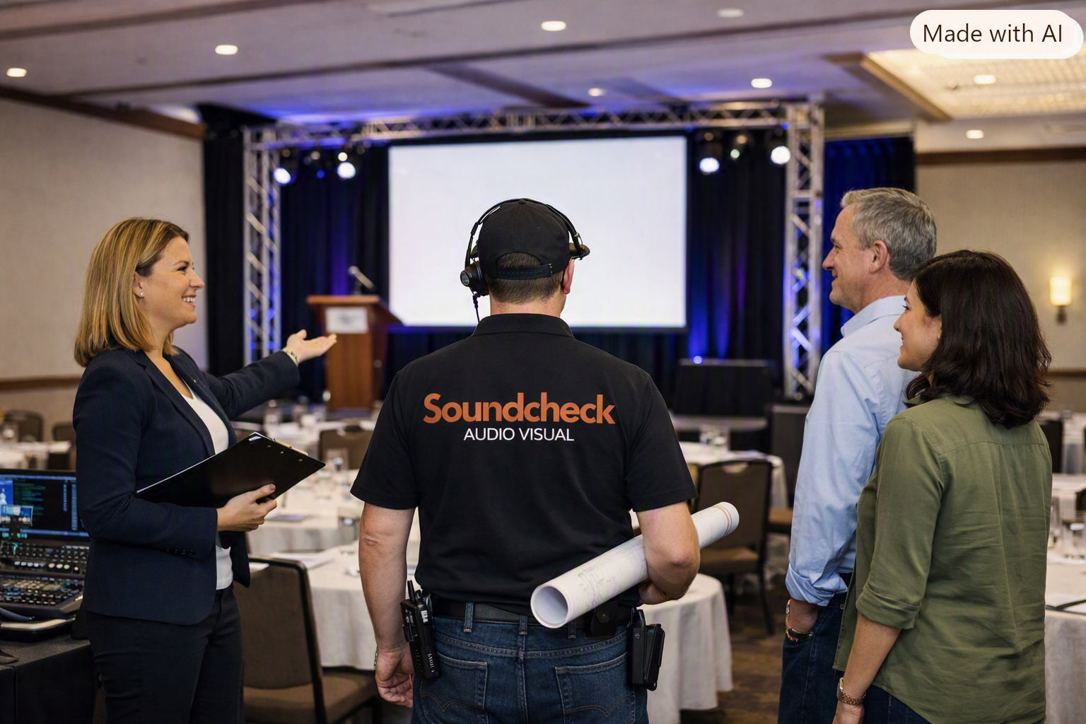 AI-generated illustration of a Soundcheck AV technician briefing an event organiser in front of a keynote stage